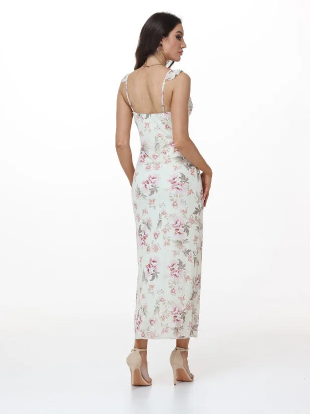 Elegant Summer Print Floral Dress Women V-neck Slim Ruffles Sleeveless Backless Long Dresses 2026 Beach Vacation Lady Vestidos