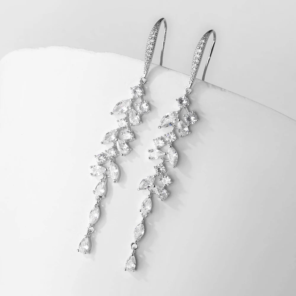 ZAKOL Fashion Cubic Zirconia Leaf Long Dangle Earrings for Elegant Women White Leaves Drop Earring Bridal Wedding Jewelry