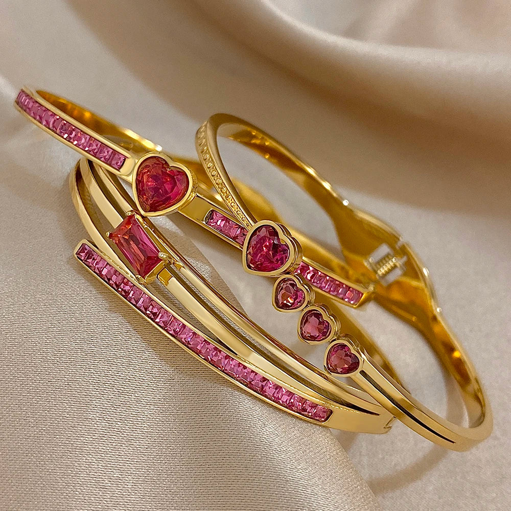 Flashbuy 3Pcs/Set 316L Stainless Steel Women's Bangles New Design Rose Red Love Heart Bracelets Waterproof Fashion Jewelry Gift