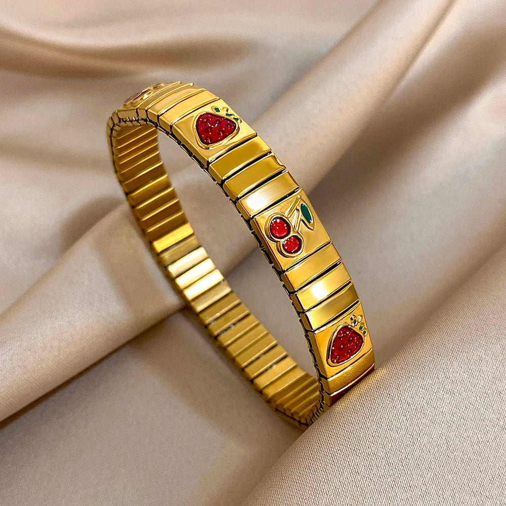 316L Stainless Steel Gold Color Strawberry Cherry Elastic Bangle Bracelet For Women Men Statement New Trend Wrist Jewelry Gift