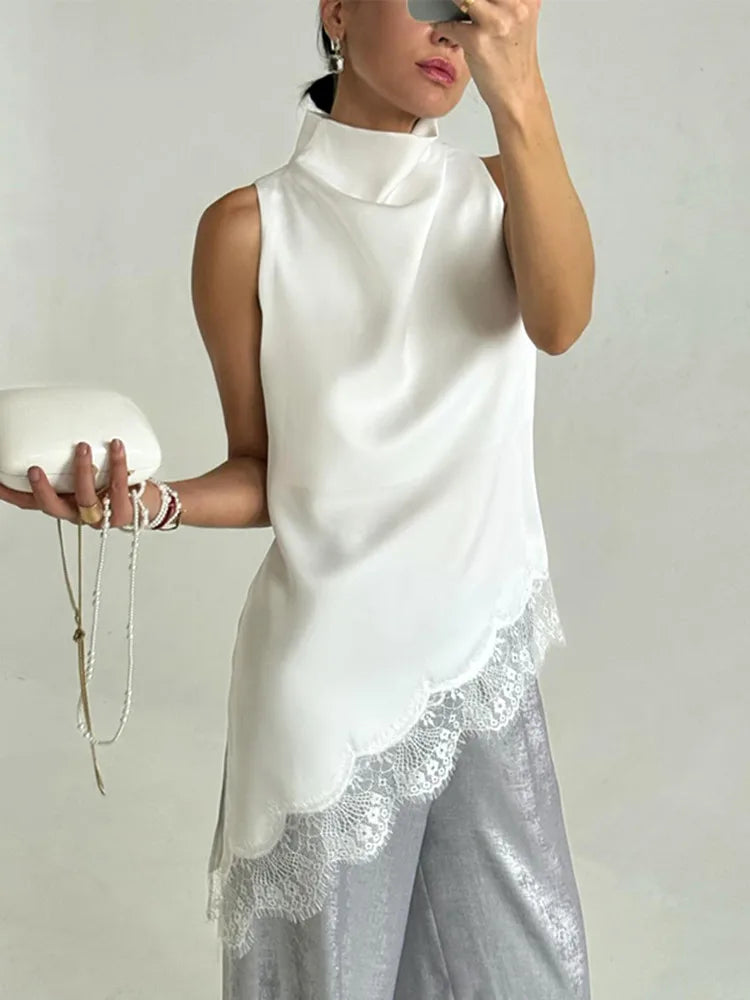 BKLD Fashion Lace Patchwork Turtleneck Vest 2026 Summer New Irregular Vest Satin Sleeveless Tops Streetwear Clothes For Women