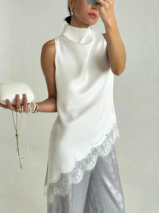 BKLD Fashion Lace Patchwork Turtleneck Vest 2026 Summer New Irregular Vest Satin Sleeveless Tops Streetwear Clothes For Women