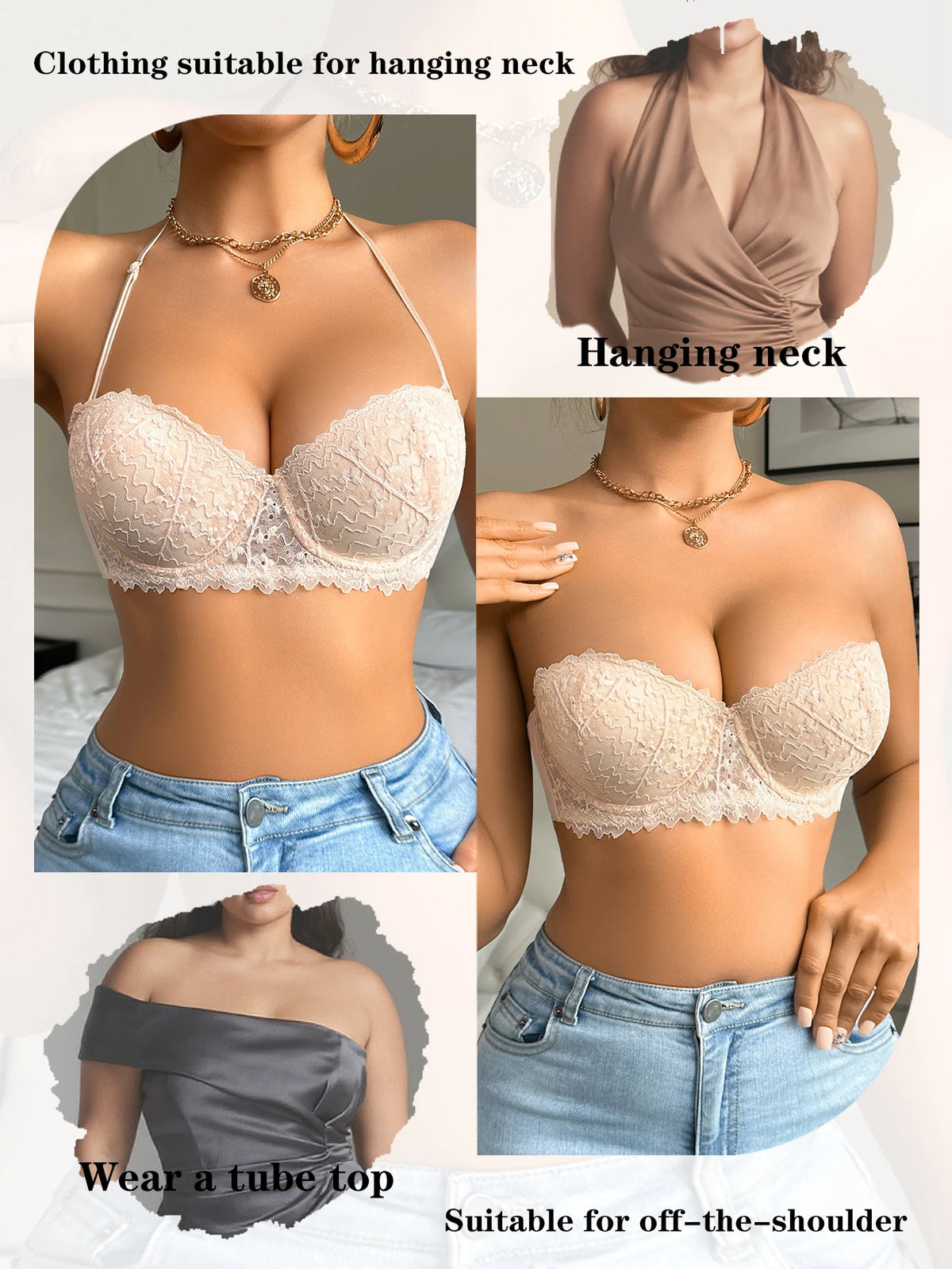 Daily Lace Detachable Strap Women's Sexy Bras Invisible Strapless Backless Bra for Dresses Soft Thin Cup Push up Bra