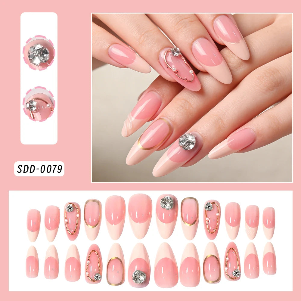 24Pcs Red Bowknot Design False Nails Medium Almond Fake Nail Tips Extension with Shiny Diamond for Women Wearable Press on Nails
