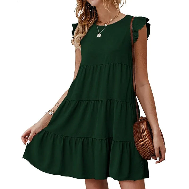 Women Elegant Ruffle Mini Dress Casual Solid O Neck Beach Party Sundress Simple Chic Loose Short Dress Vintage Harajuku Vestido