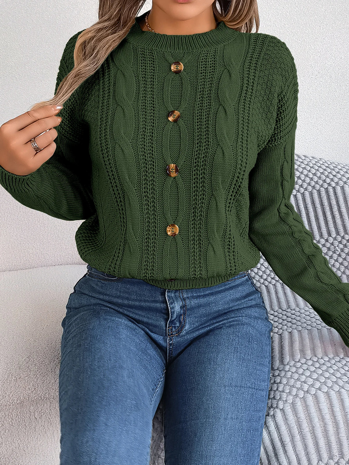 Women's Solid Color Round Neck Buttons Knitted Sweater 2026 Autumn Winter Casual Long Sleeve Pullover White Grey Green Woman Top