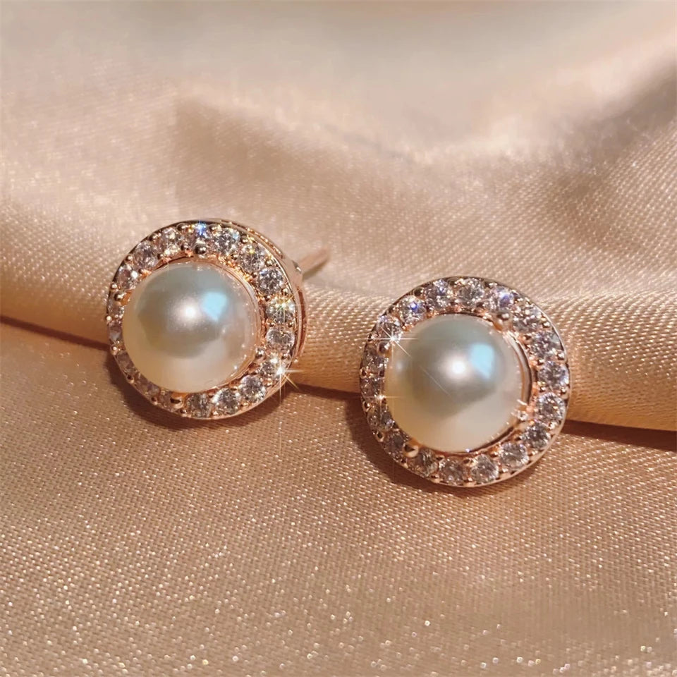 ZAKOL Delicate Light Blue CZ Stud Earrings Geometric Oval Zircon Imitation Pearl Earring for Women Fashion Jewelry Gifts