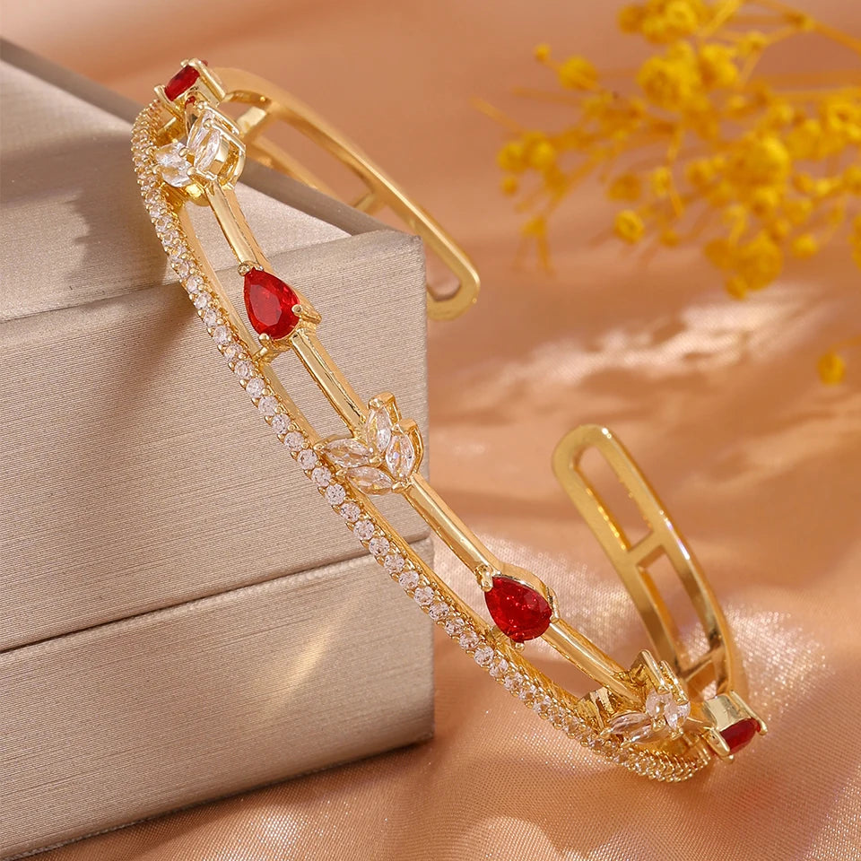 ZAKOL Women Fashion CZ Flower Leaf Open Cuff Bracelet Ring Set Cubic Zirconia Adjustable Bangle Ring Wedding Party Jewelry Set