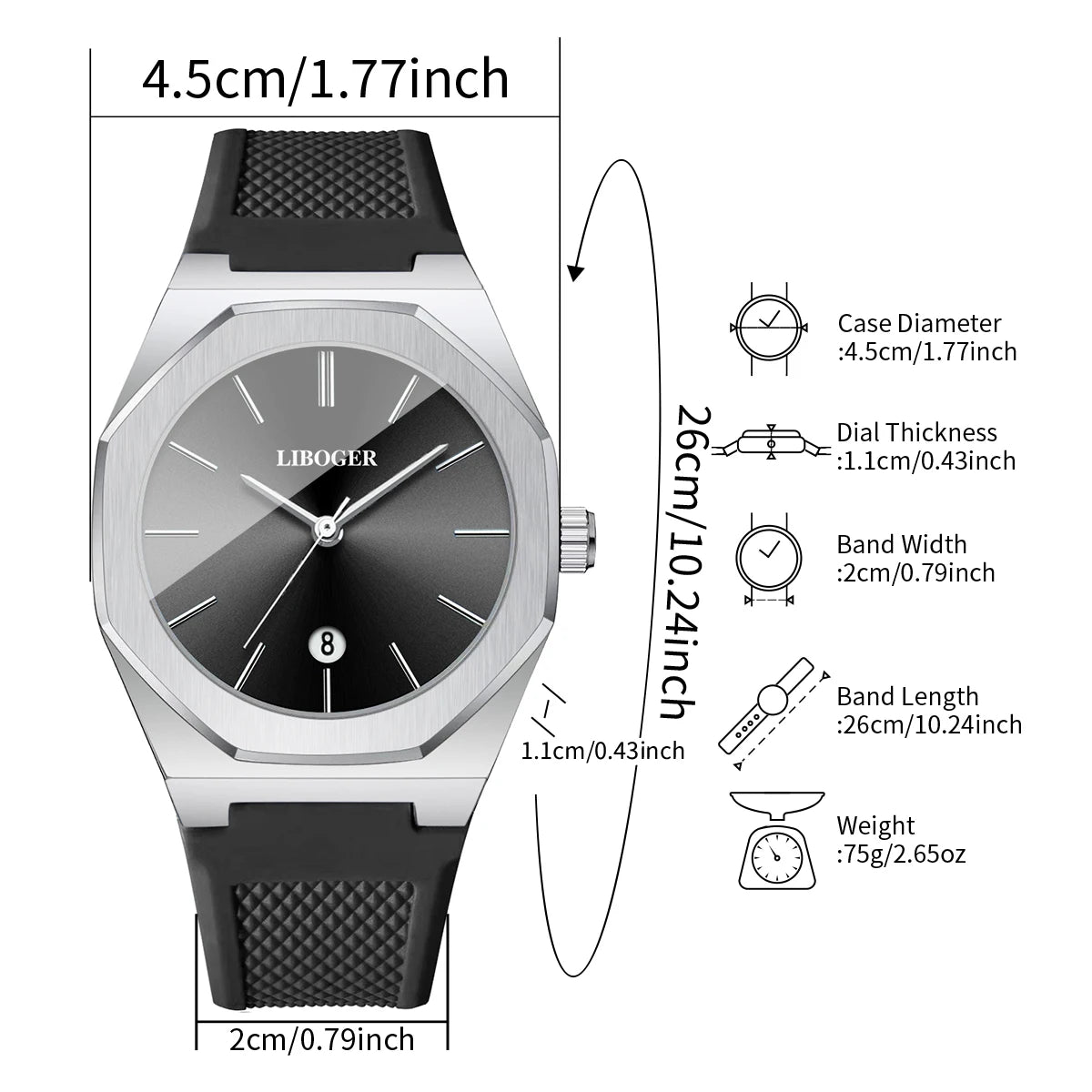 Luxury Silver Men Business Watches Octagonal Case Casual Silicone Strap Date Quartz Wristwatch Relogio Masculino（Without Box）