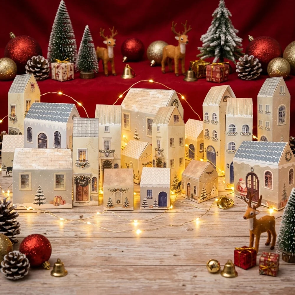 24 Pcs Christmas House Boxes,24 Christmas Calendars Self Boxes DIY Christmas Village Houses Snow Landscape,Small Christmas Boxes