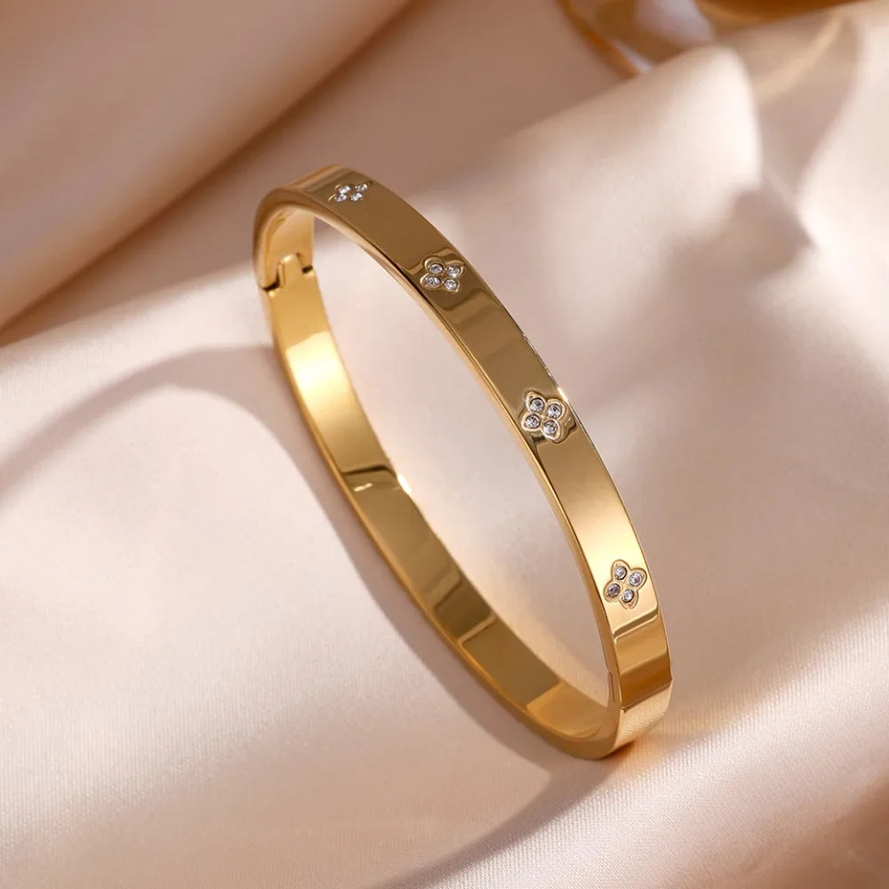 Titanium Steel Stacked Bracelet Couple's Shiny Zircon Inlaid Stainless Steel Bangles Gold Color Female Jewelry Gift
