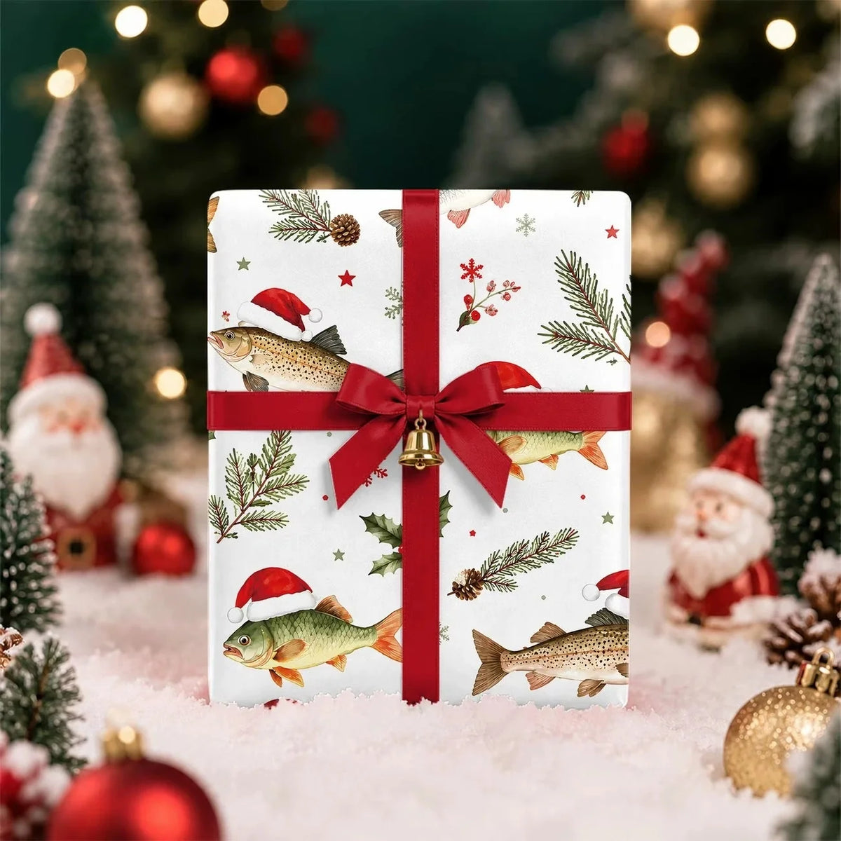 43X300CM Fisherman Christmas Wrapping Paper, Cute Santa Hat Fish Pattern, Winter Pine & Holly Design for Angler Holiday Gifts