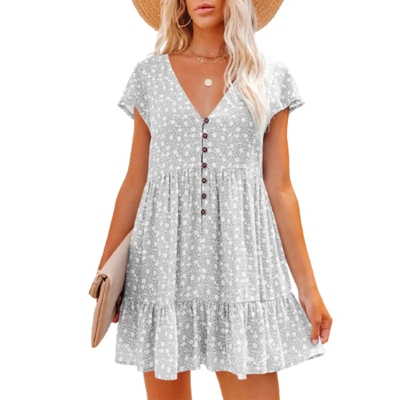 Women Summer Floral Print Short Sleeve V Neck A Line Dress Casual Boho Pleated Mini Dress Beach Party Vacation Sundress 2023