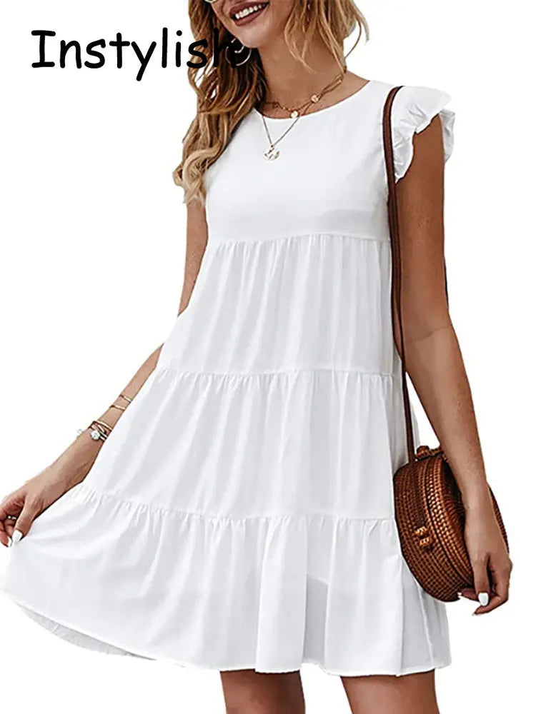 Women Elegant Ruffle Mini Dress Casual Solid O Neck Beach Party Sundress Simple Chic Loose Short Dress Vintage Harajuku Vestido