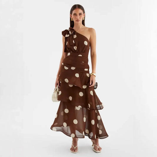 Summer Vacation One Shoulder Polka Dot Dress Women Ruffled Tiered Maxi Dress 2026 Vintage Slim Fit Beach StreetWear