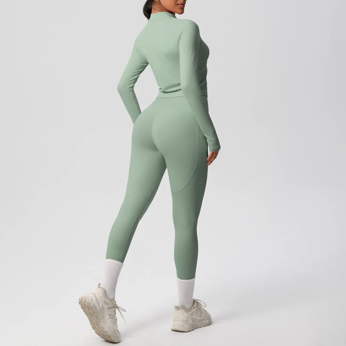 2PCS Yoga Suit Women Gym Set Leggings With Pocketed Women Tracksuit Running Zipper Workout Sportswear Long Sleeve Sports Shirt