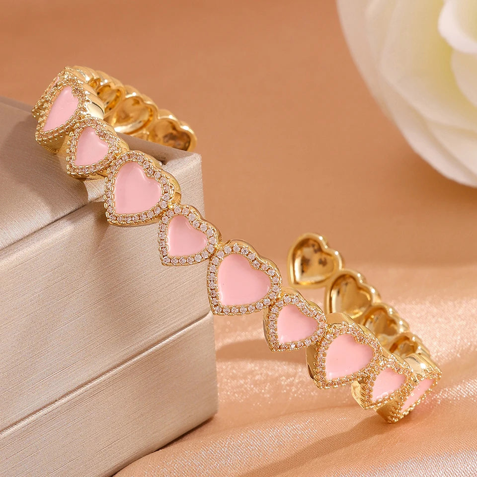 ZAKOL 4 Styles Pink Enamel Zircon Inlaid Heart Stainless Steel Copper Bracelets for Women Sweet Versatile Everyday Accessories