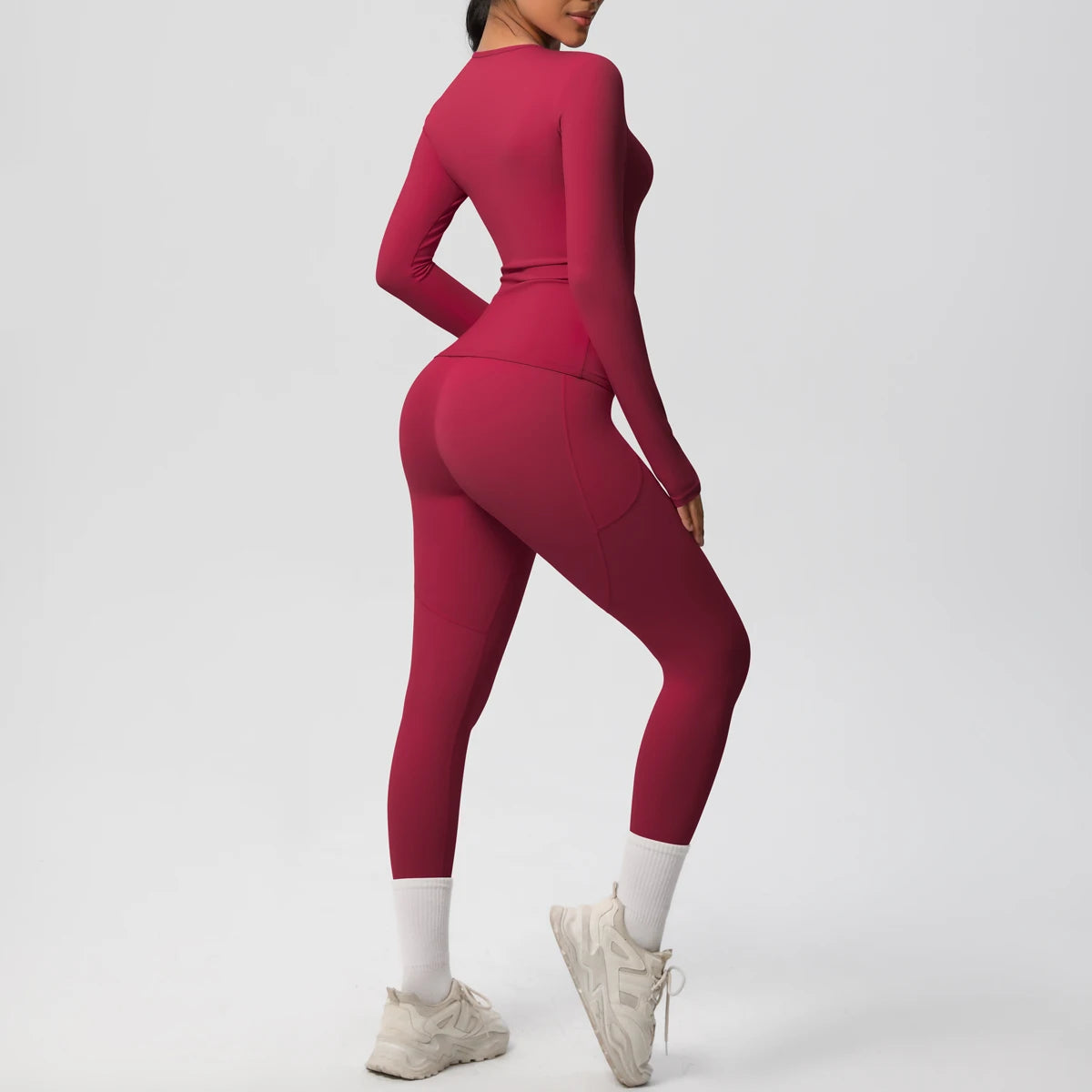 Summer 2PCS Women's Yoga Suit Solid Color High Stretch Slim Casual Long Sleeves Quick Drying Push Up Women Pockets Pants Set