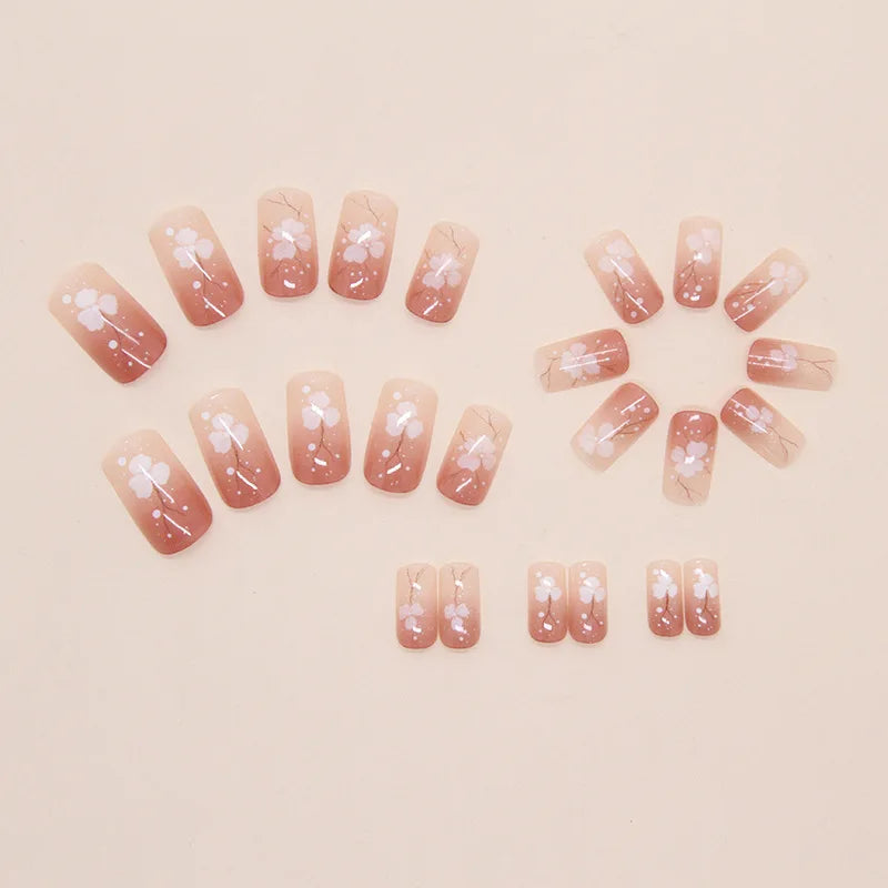 24pcs/set Medium long fake nails yellow dragon flowers feather design for Spring summer Square almond tips press on false nail