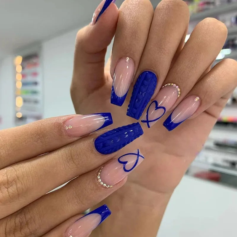 24Pcs Simple Blue French Fake Nails with Diamond Love Pattern Design False Nails Press on Mid-length Ballet Full Cover Nail Tips