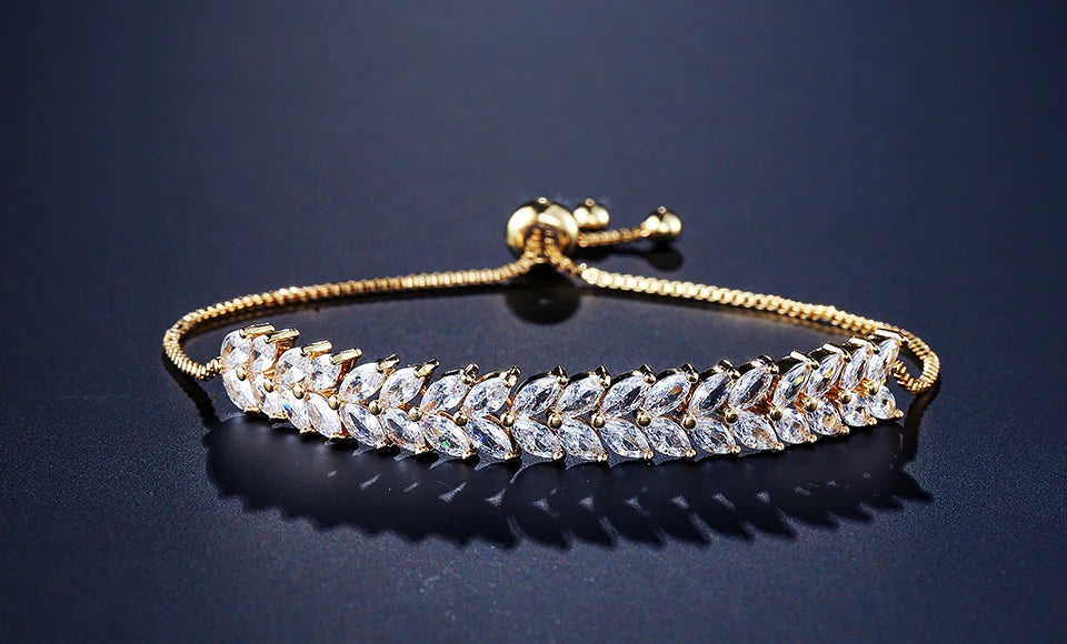 ZAKOL Trendy Cubic Zirconia Leaf Bridal Bracelets Bangle for Women White Color Crystal Adjustable Bracelet Wedding Jewelry