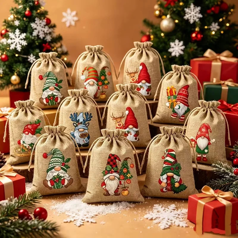 12/24Pcs Pack Christmas Gift Wrapping Bags with Drawstring Closure -for Small Trinkets, Apples, Candies,Gift for Holiday Parties