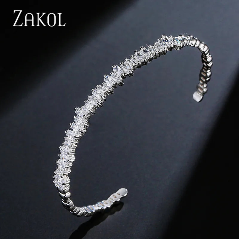 ZAKOL Fashion Cubic Zirconia Cuff Bangles for Women Trendy Baguette Men Open Bracelet Party Jewelry B154