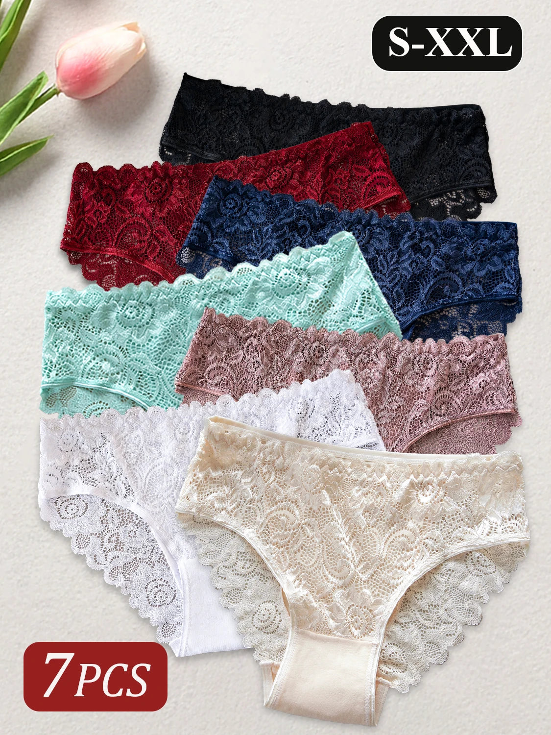 7PCS Elegant Lace Floral Underwear Solid Color Comfortable Cotton Panties Sexy Briefs Mature Female Lingerie Change Everyday