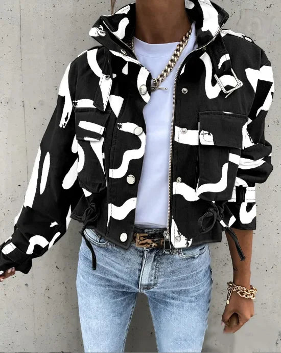 Women Cropped Cargo Jacket Stand Collar Zip Button Long Sleeve Coat Multi Pocket Drawstring Streetwear Casual Short Outerwear