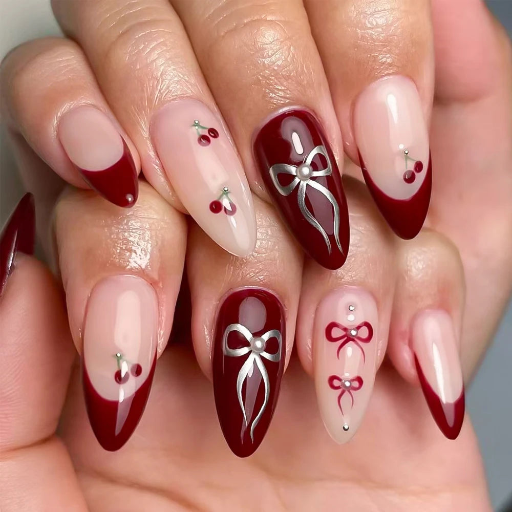24Pcs Cute Cherry French Almond False Nails with Bow Design Acrylic Wearable Artificial Press on Nails Full Cover Fake Nail Tips