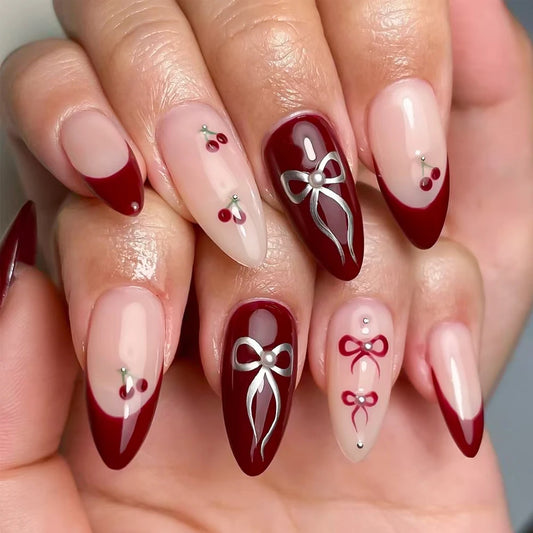 24Pcs Cute Cherry French Almond False Nails with Bow Design Acrylic Wearable Artificial Press on Nails Full Cover Fake Nail Tips