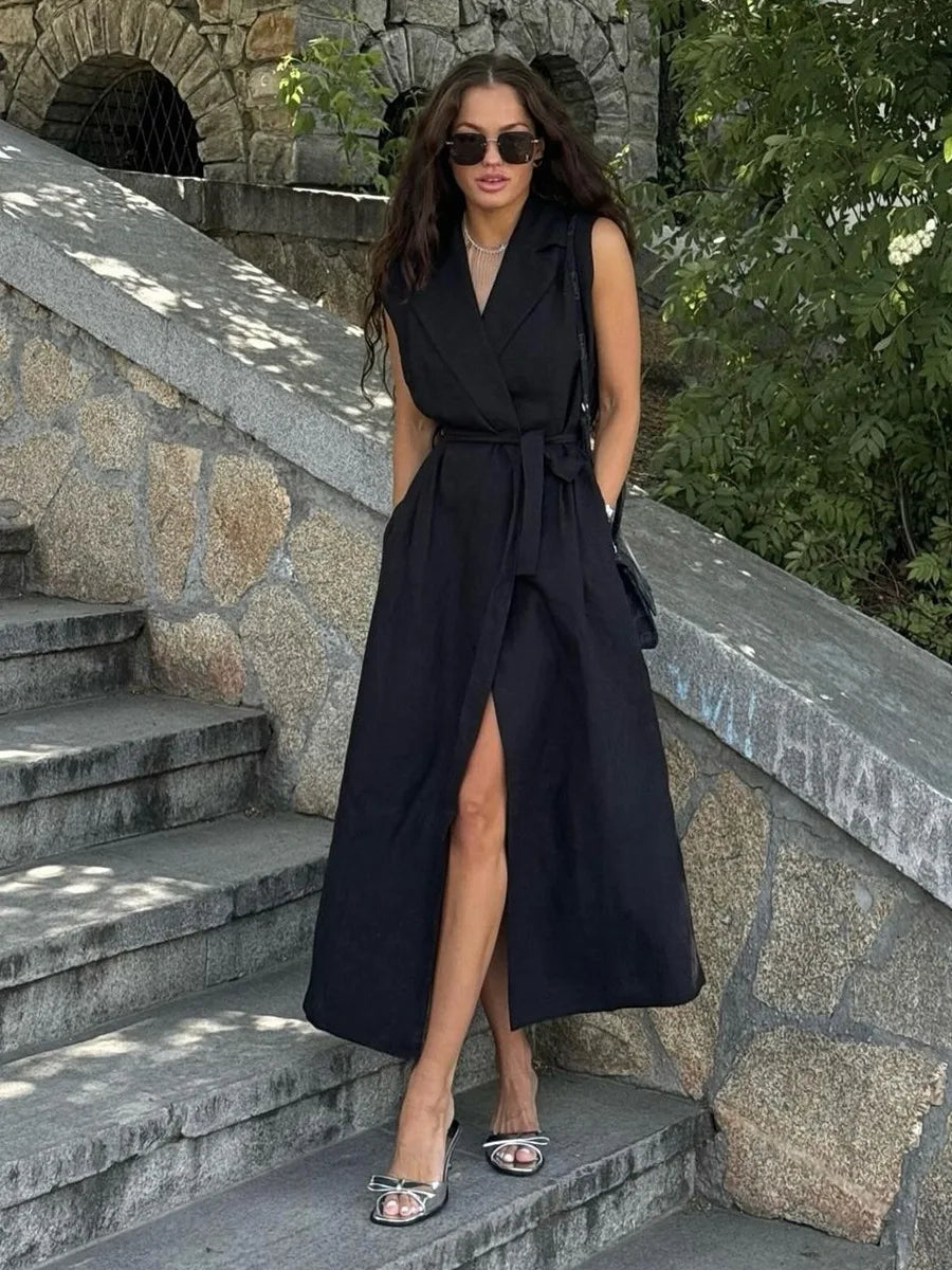BKLD 2026 Spring Summer New Arrival Sleeveless Shirts Dress Casual Turn-Down Collar Tied Waist Dress Solid Color Women Clothing