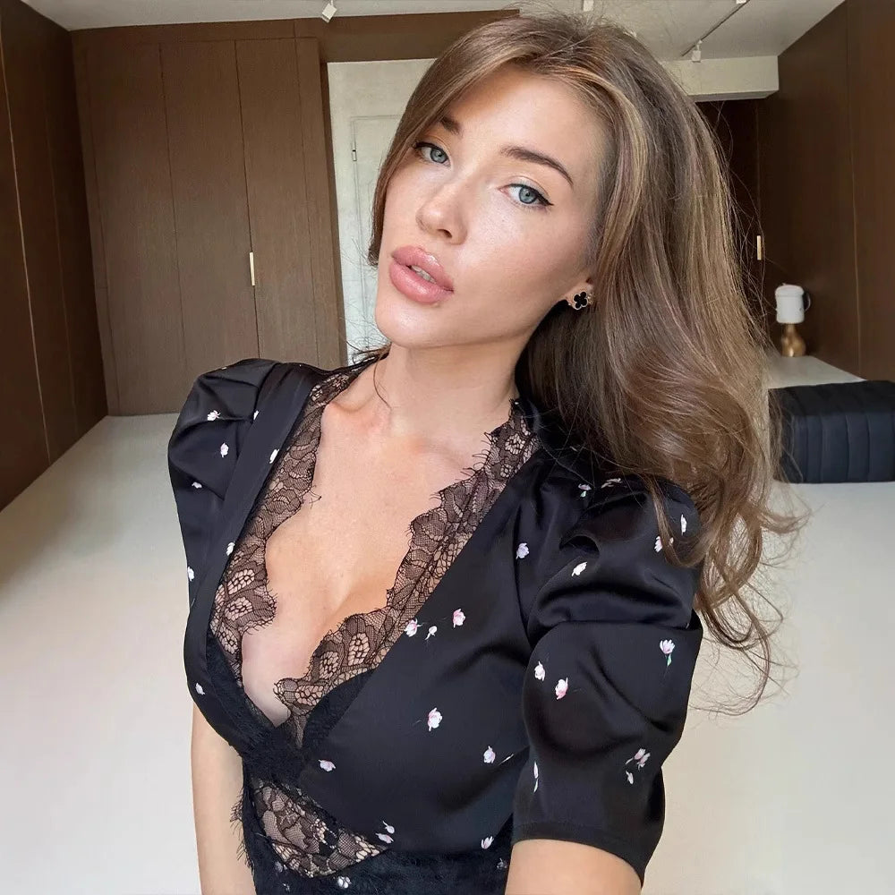 Sexy Polka Dot Dresses For Women Patchwork Lace Maxi Dress Hollow out Deep V Neck Sleeveless Bodycon Elegant Party Dress