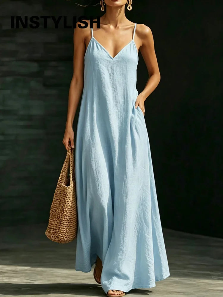 Women Linen Spaghetti Strap Maxi Dress V Neck Loose Swing Long Dress With Pockets Casual Summer Beach Vacation Sundress Ladies