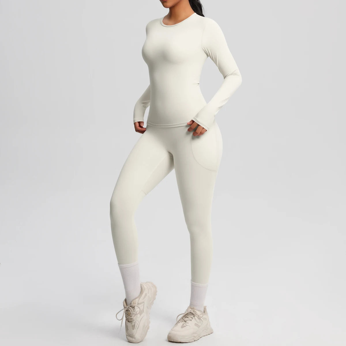 Summer 2PCS Women's Yoga Suit Solid Color High Stretch Slim Casual Long Sleeves Quick Drying Push Up Women Pockets Pants Set