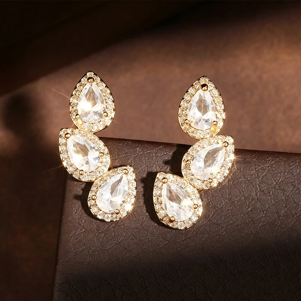 ZAKOL Luxury Shiny Zircon Leaf Stud Earrings For Women Exquisite Crystal Water Drop Ear Cuff Wrap Earring Wedding Jewelry