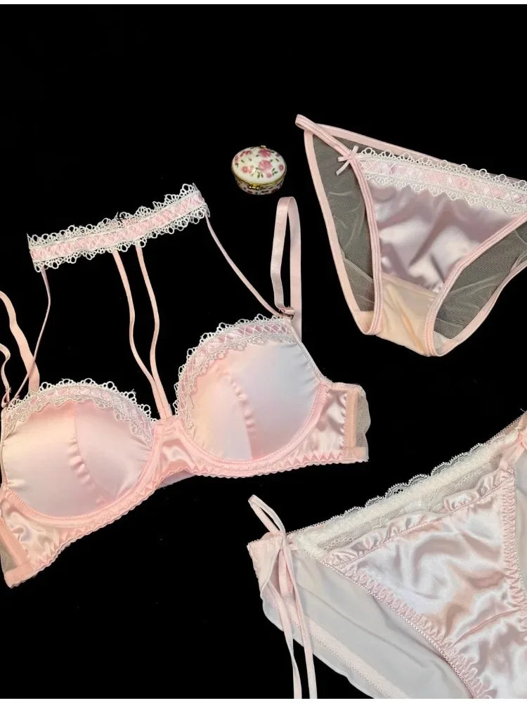 MOYISU Method Pearl Powder Bra Set Lace Halter Neck Design for Small Breasts Big Thick Cup Pure Desire Sexy Underwear for Women