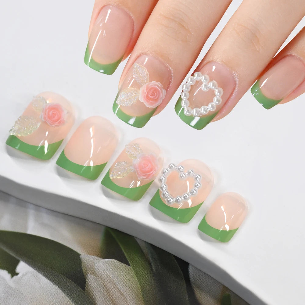24Pcs Green Short Square French False Nails 3D Heart Rose Flower Charm Full Cover Fake Nail for Women Wearable Press on Nails