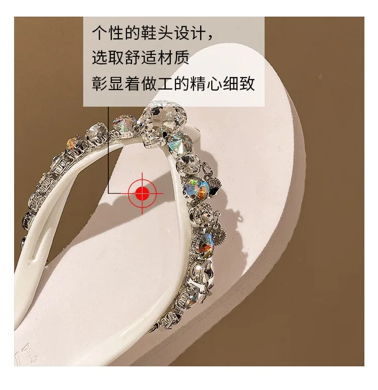 2025 Summer New High-heeled Flip Flops Women's Rhinestone Chain Pendant Thick Bottom Fashionable Clip on Sandals Beach Slippers