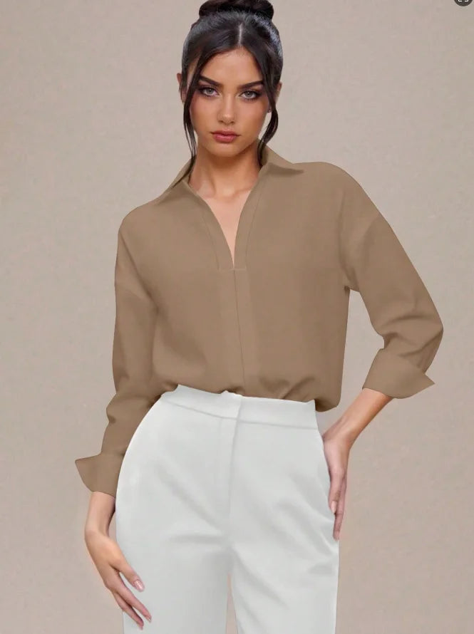 Women Shirt Bodysuit Oversized Boyfriend Half Sleeve Blouse Deep V Collar Bodysuit Shirts Elegant Office Lady Jumpsuit Top