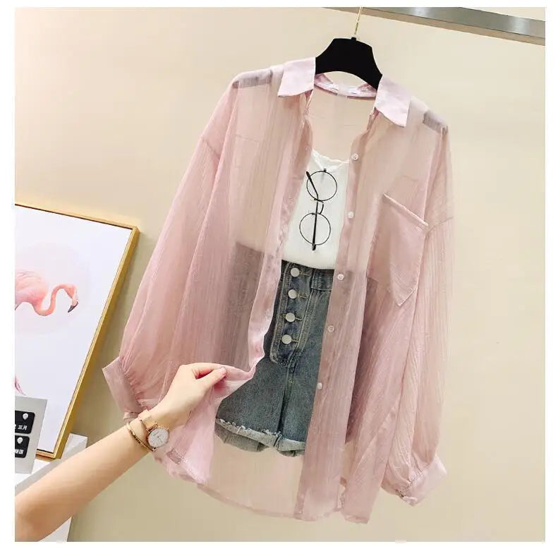 Summer Sunscreen Shirt Elegant Perspective Thin Chiffon Blouse Korean Harajuku See Through Loose Top Casual Women's Cardigan