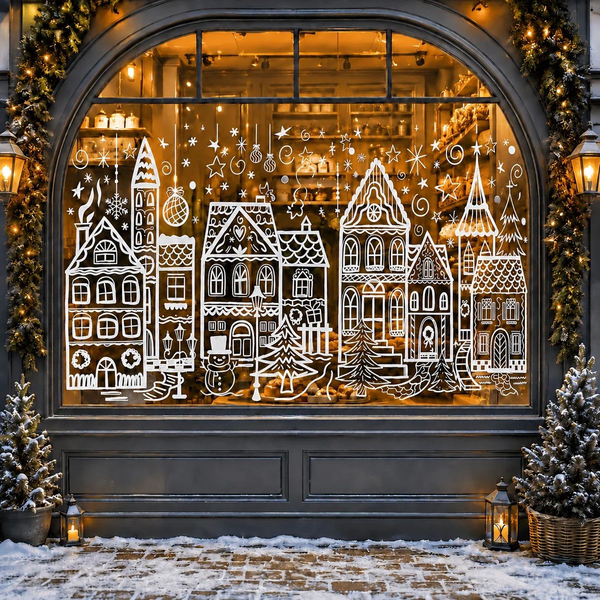 4 Sheets Christmas Window Clings, White Line Art Winter Town House Snowman Glass Decals, Xmas Holiday Removable Window Stickers