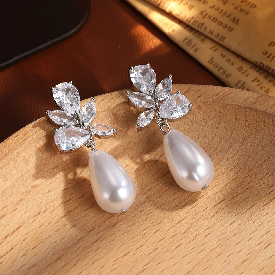 ZAKOL Classic AAA Zircon Pearl Dangle Drop Earrings for Women Shiny Crystal Bride Engagement Wedding Jewelry Ear Accessories