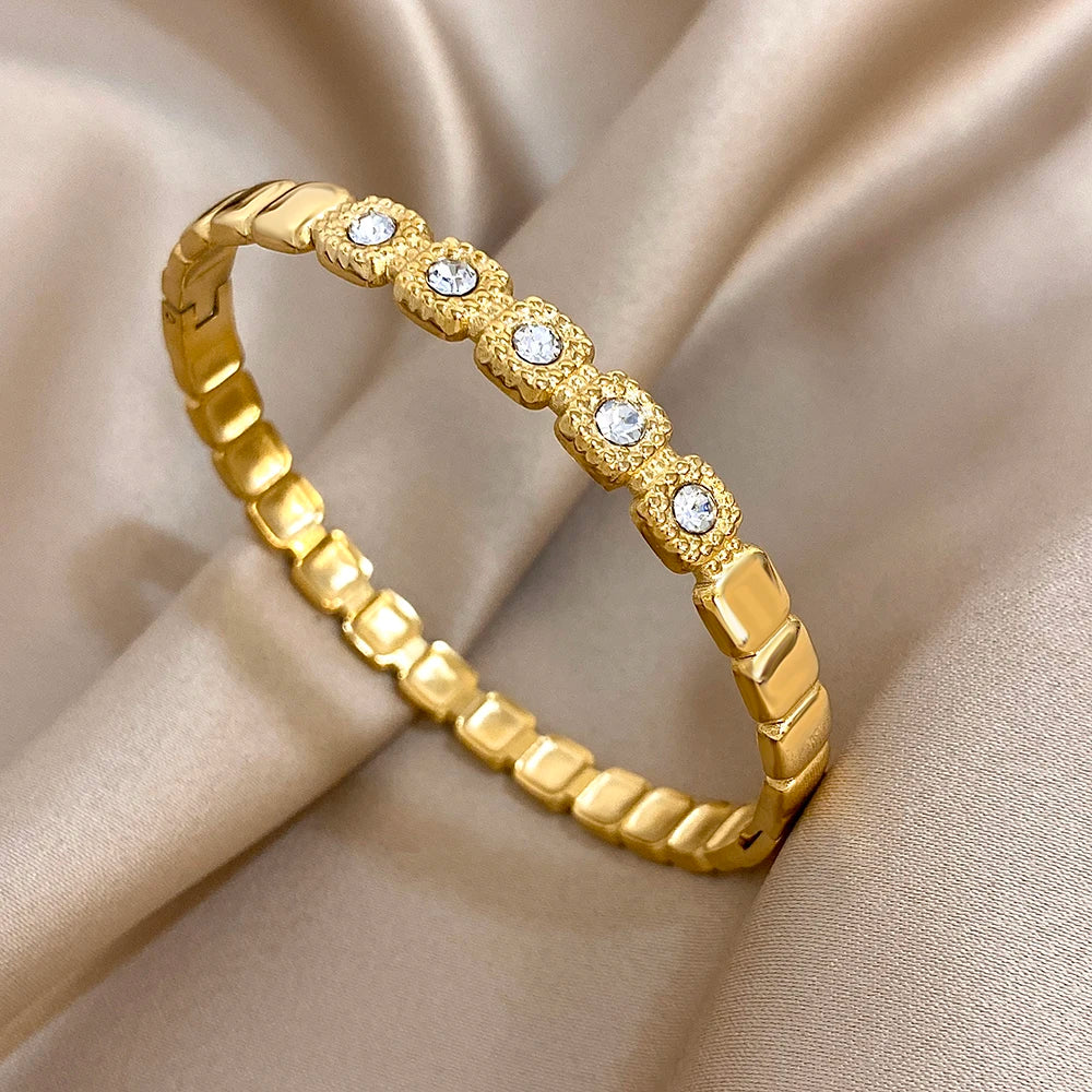 Flashbuy New Design Cubic Zircon Stainless Steel Bangles Bracelets for Women Geometric Gold Color Waterproof Fashion Jewelry