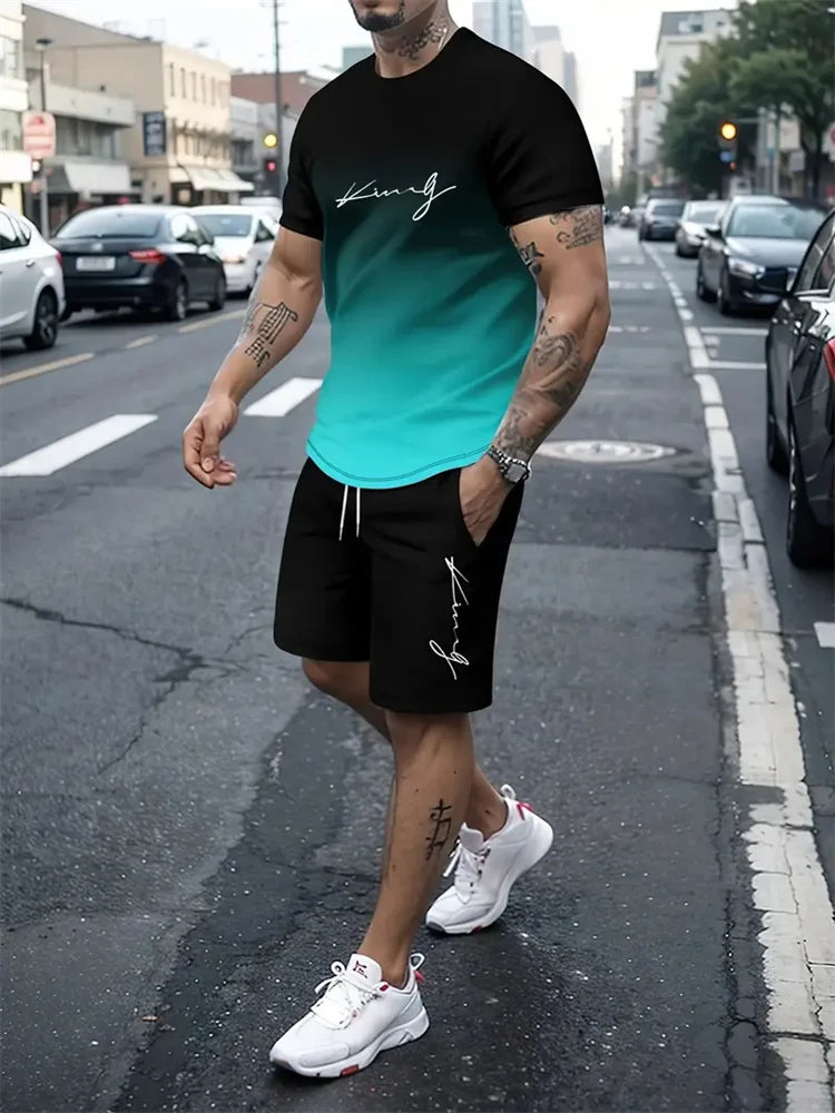 New Men's Outfit Summer Short Sleeve T Shirt Set Fashion 2 Piece Sportwear 3D Printed Casual shorts Sweatshirt Men's Tracksuit