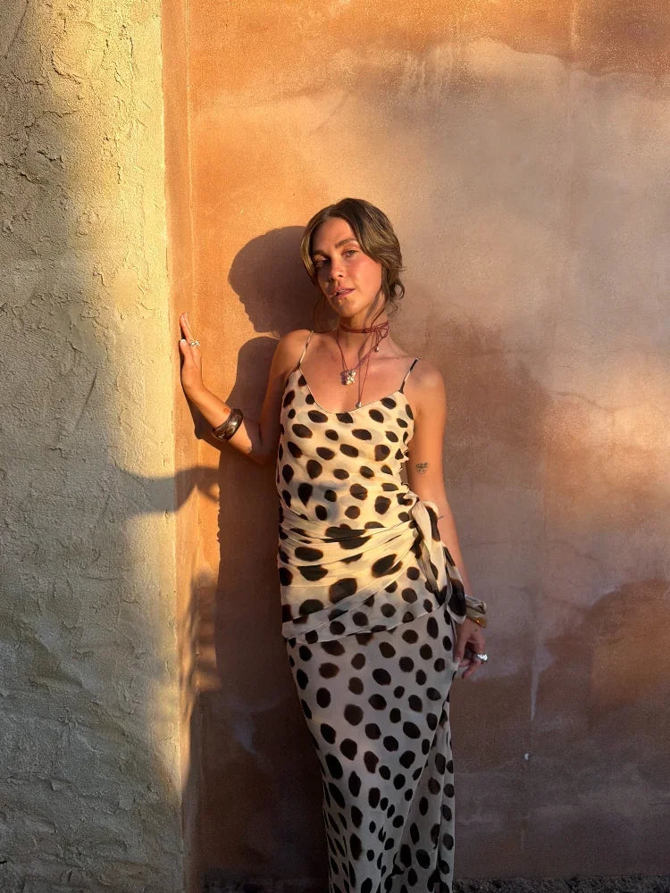 Summer Vacation Sexy Polka Dot Print Sling Maxi Dress Women Elegant Lace-up V-neck Sleeveless Backless Dresses Beach Party Gowns