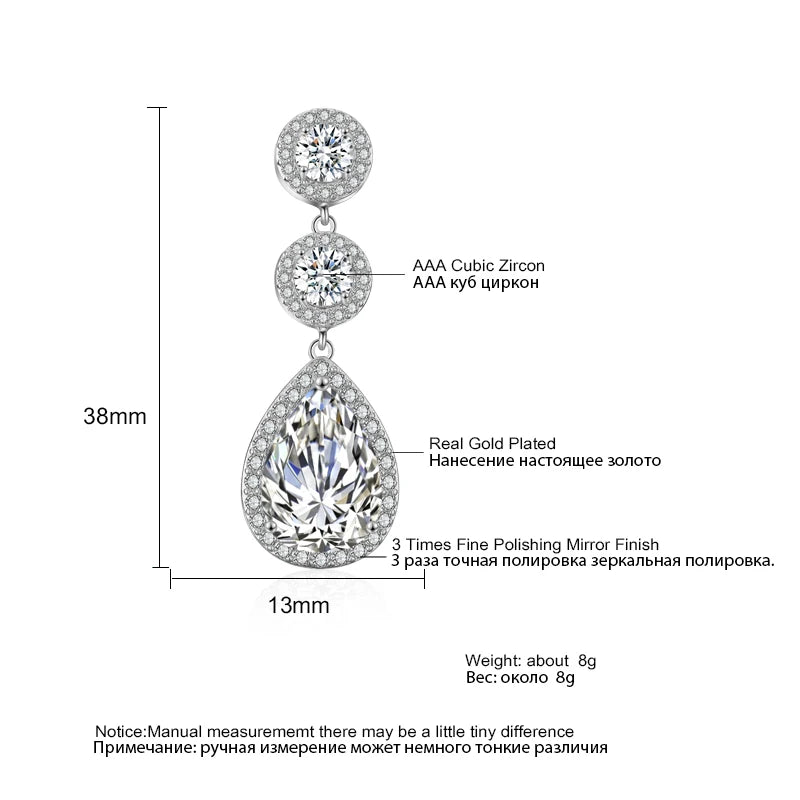 ZAKOL Luxury Zircon Wedding Long Dangle Earrings Round Water Drop AAA CZ Bridal Wedding Jewelry for Women