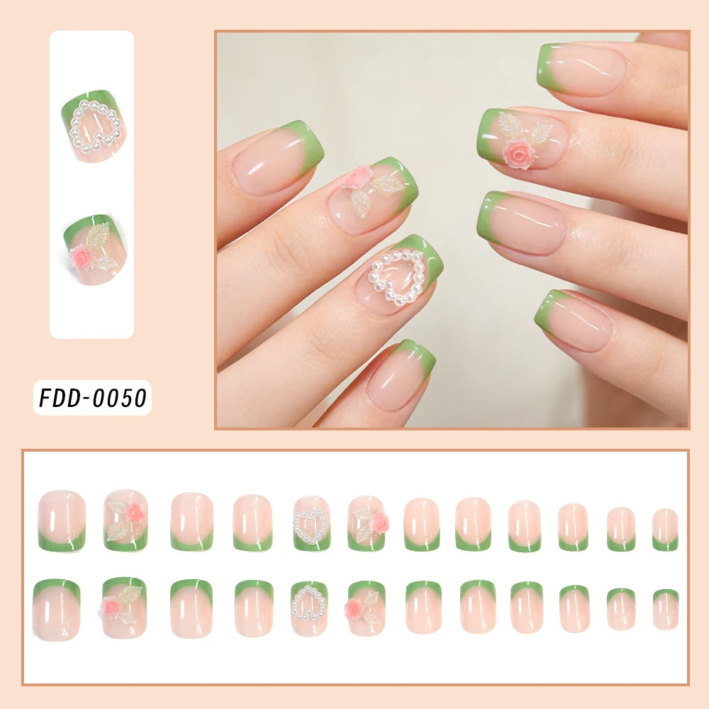 24Pcs Green Short Square French False Nails 3D Heart Rose Flower Charm Full Cover Fake Nail for Women Wearable Press on Nails