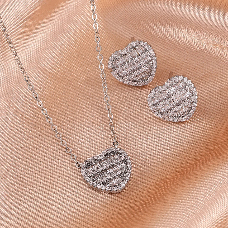 ZAKOL New Iced Out Zirconia Heart Necklace Earrings Set for Women Bling Cubic Zirconia Luxury Wedding Party Jewelry Gift