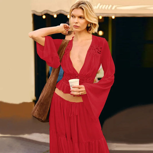 Elegant Deep V-neck Sleeve Two Piece Casual Lace Patchwork Ruffle Long Dress Set Women Vacation Cardigan Tops+ Skirts Suit
